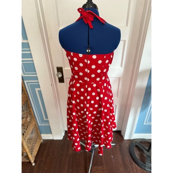VTG Y2K Red with White Polka Dot Halter Top Swing Dress Golightly Large - Picture 4 of 6